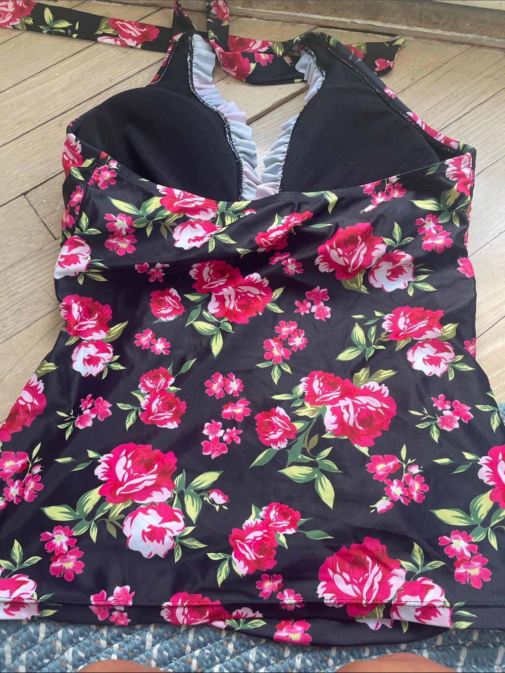 Black Floral Tankini Top with Pink Rose Print - Picture 2 of 3